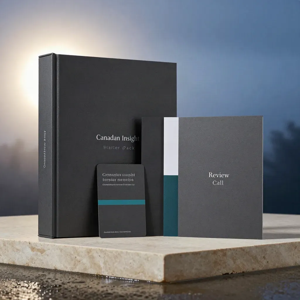 Charcoal insight kit box with folio and cards opening on a wet stone plinth.