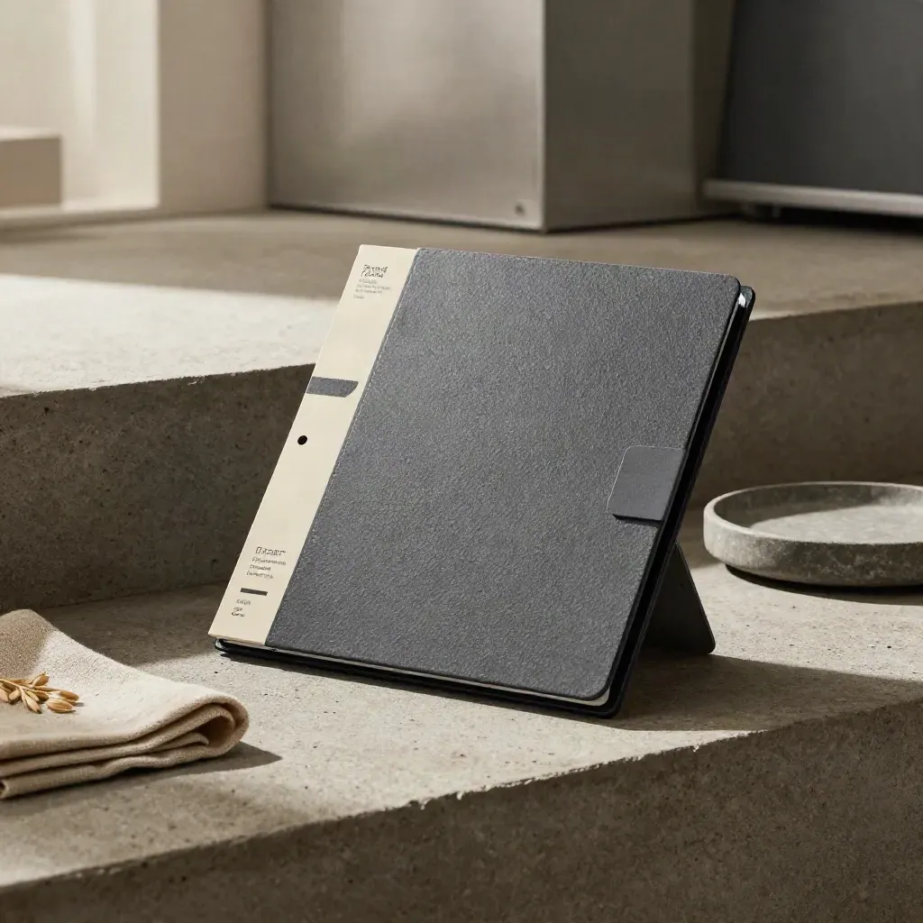 Unbranded tracker folio beside cloth and stone tray on a concrete ledge
