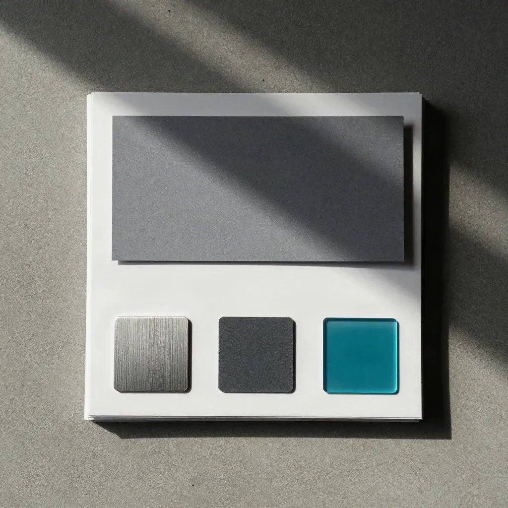 Overhead flatlay of layered comparison cards and three material chips on concrete.
