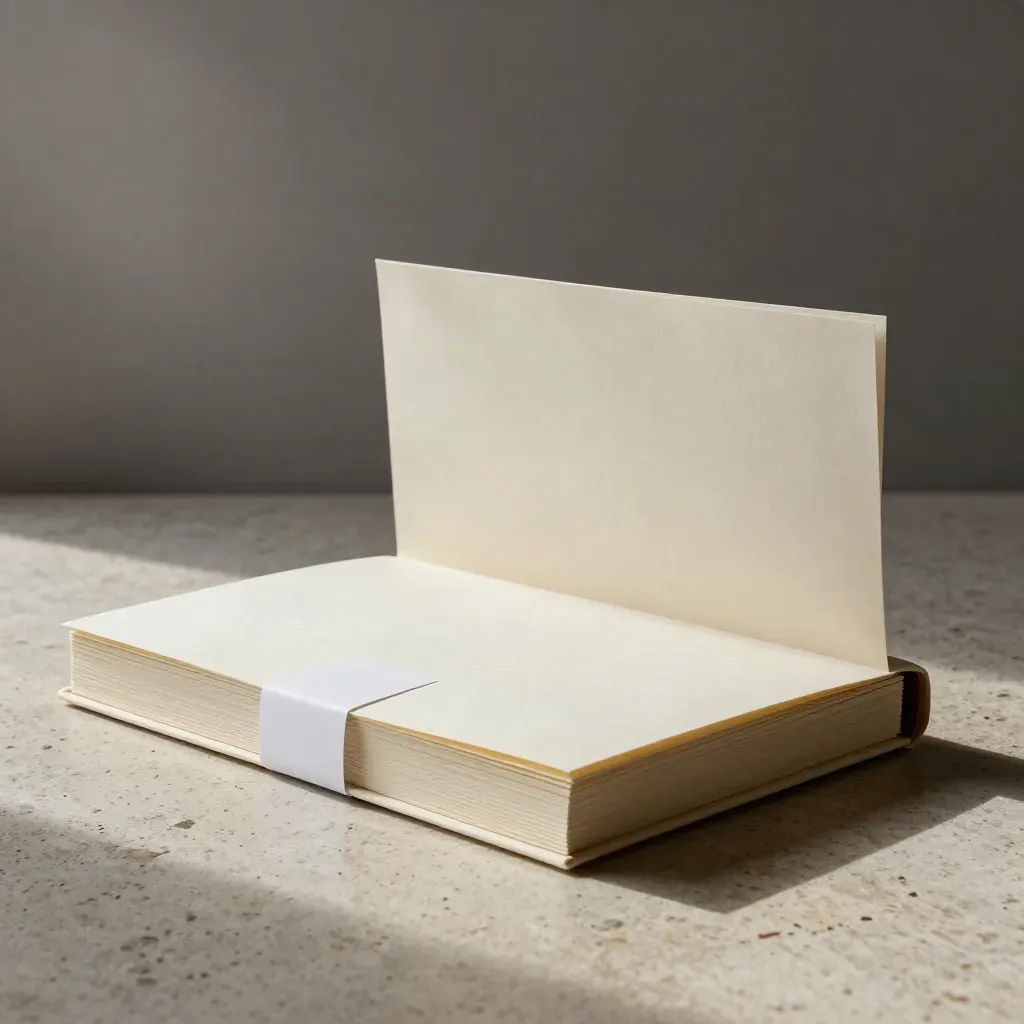 Pristine white executive brief folio and summary card on pale travertine, viewed low and close.