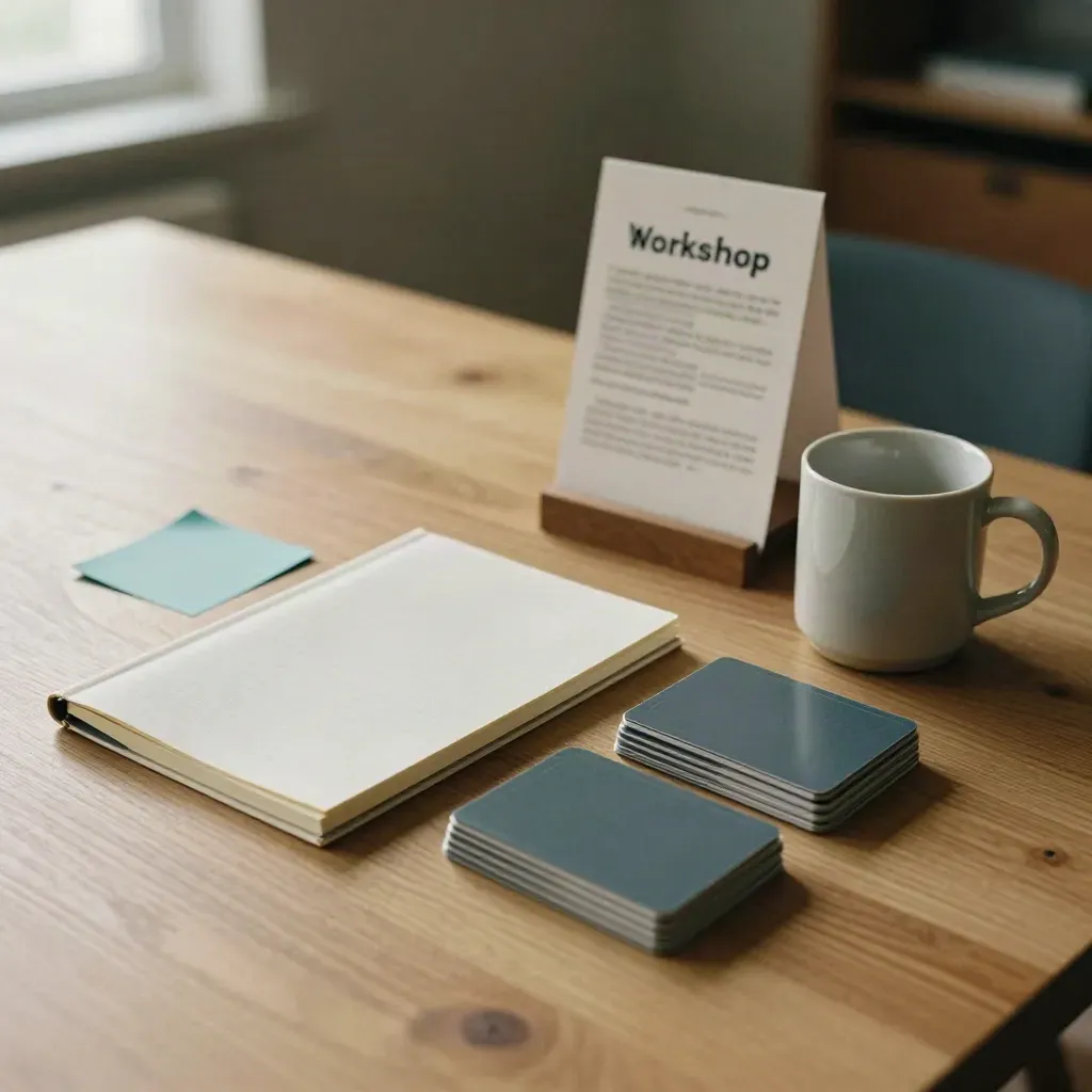 Workshop Prep Kit on pale oak with teal tabs, mug, cards, and soft daylight