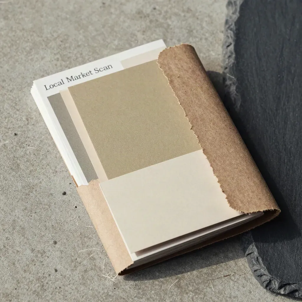 Macro of a rugged paper market scan bundle against weathered concrete in cool morning light.