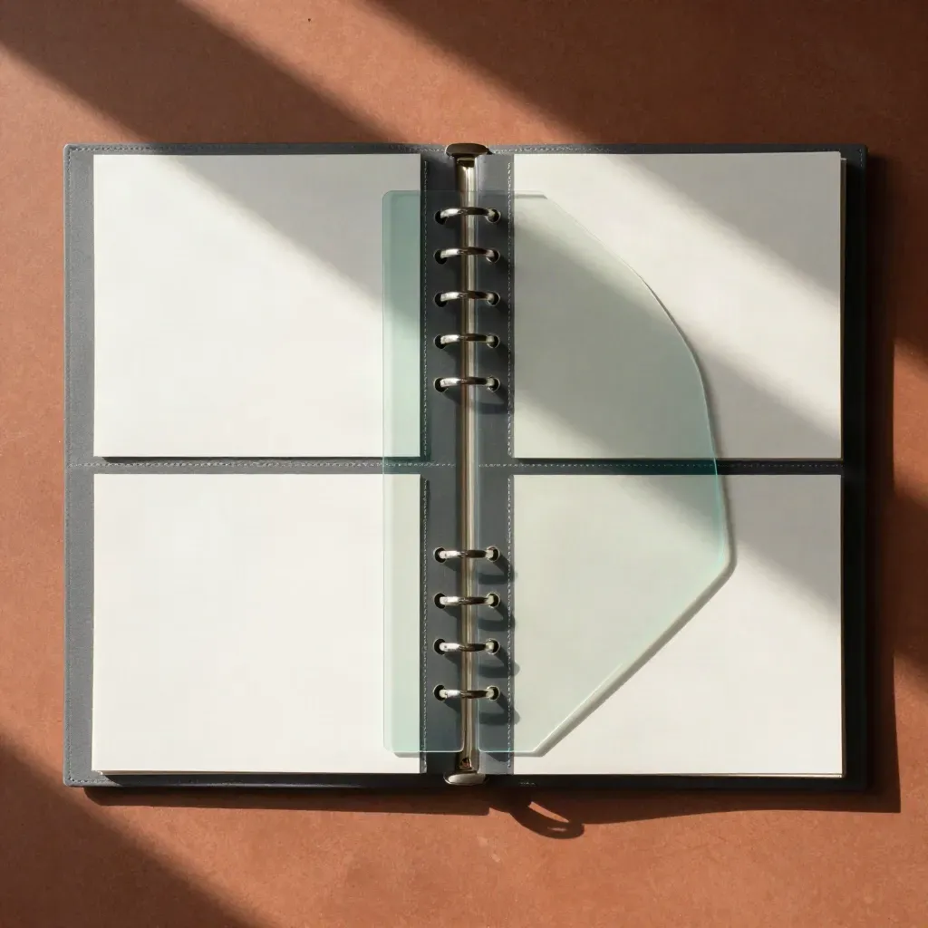 Overhead flatlay of a ring binder, blank chart templates and acetate overlays on terracotta plaster.