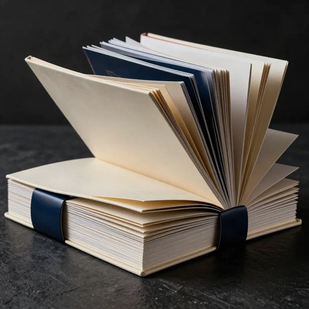 Open research folio bundle with glossy cards on a dark studio surface, lit dramatically