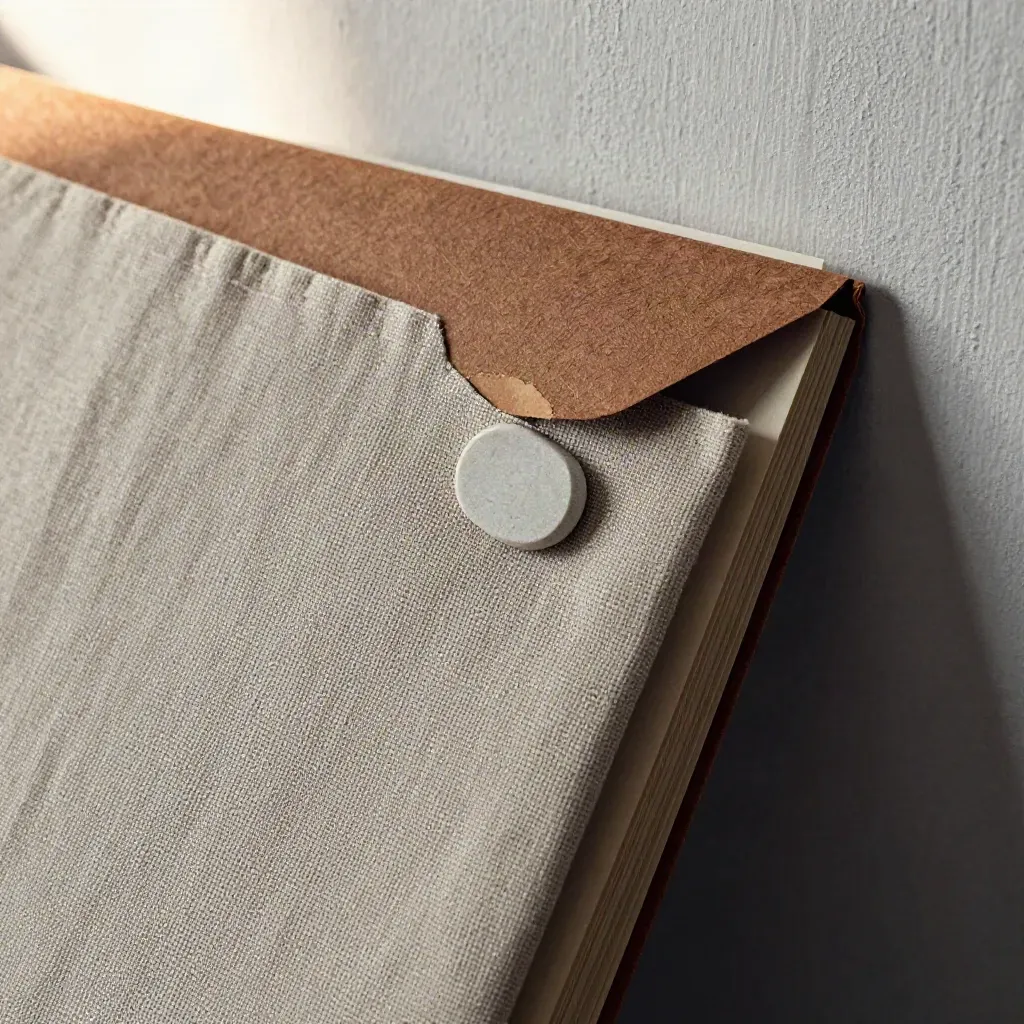 Macro of a linen-wrapped Quebec Market Notes folio with a pale stone chip against plaster.