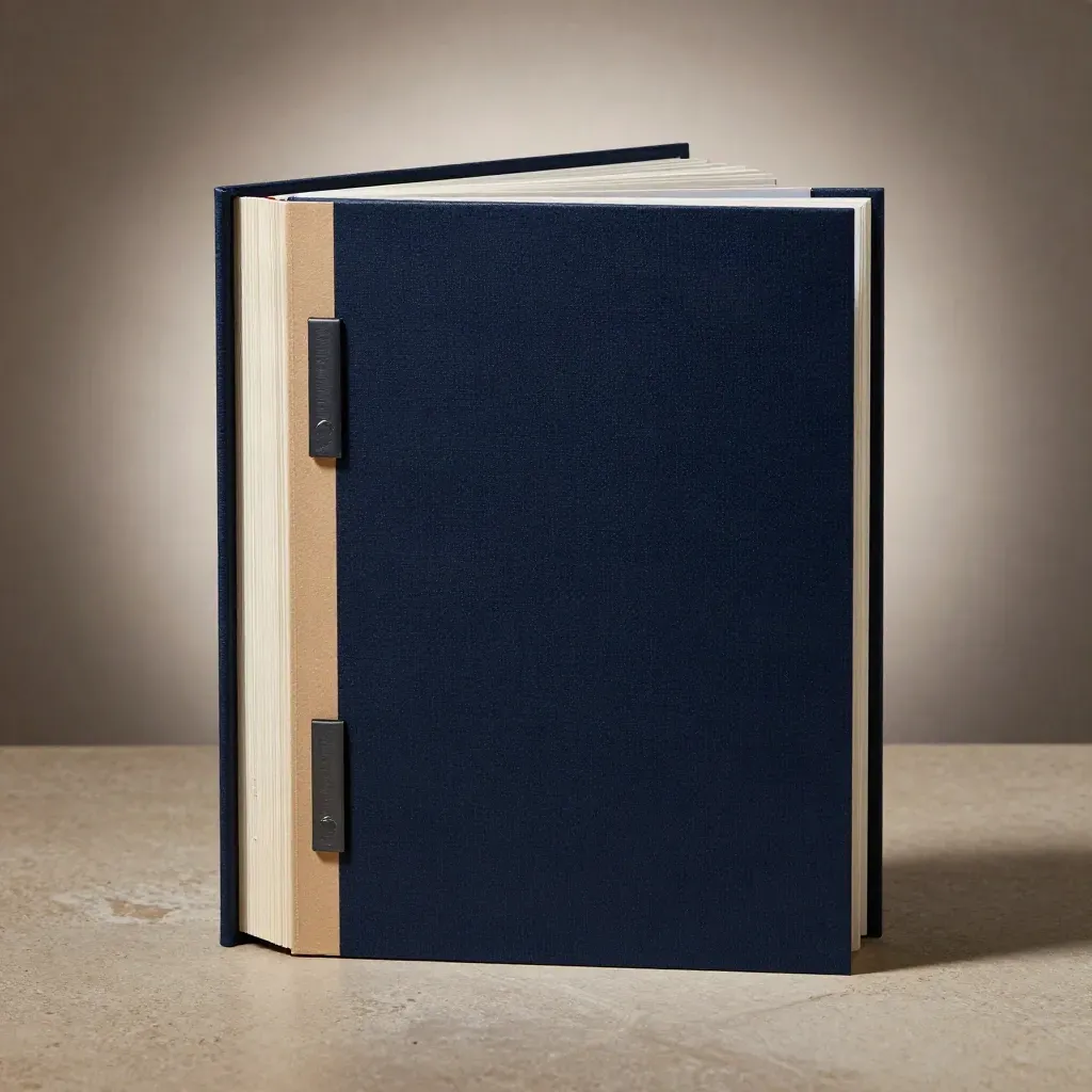 Upright navy quarterly binder with layered inserts on a stone base in soft studio light.