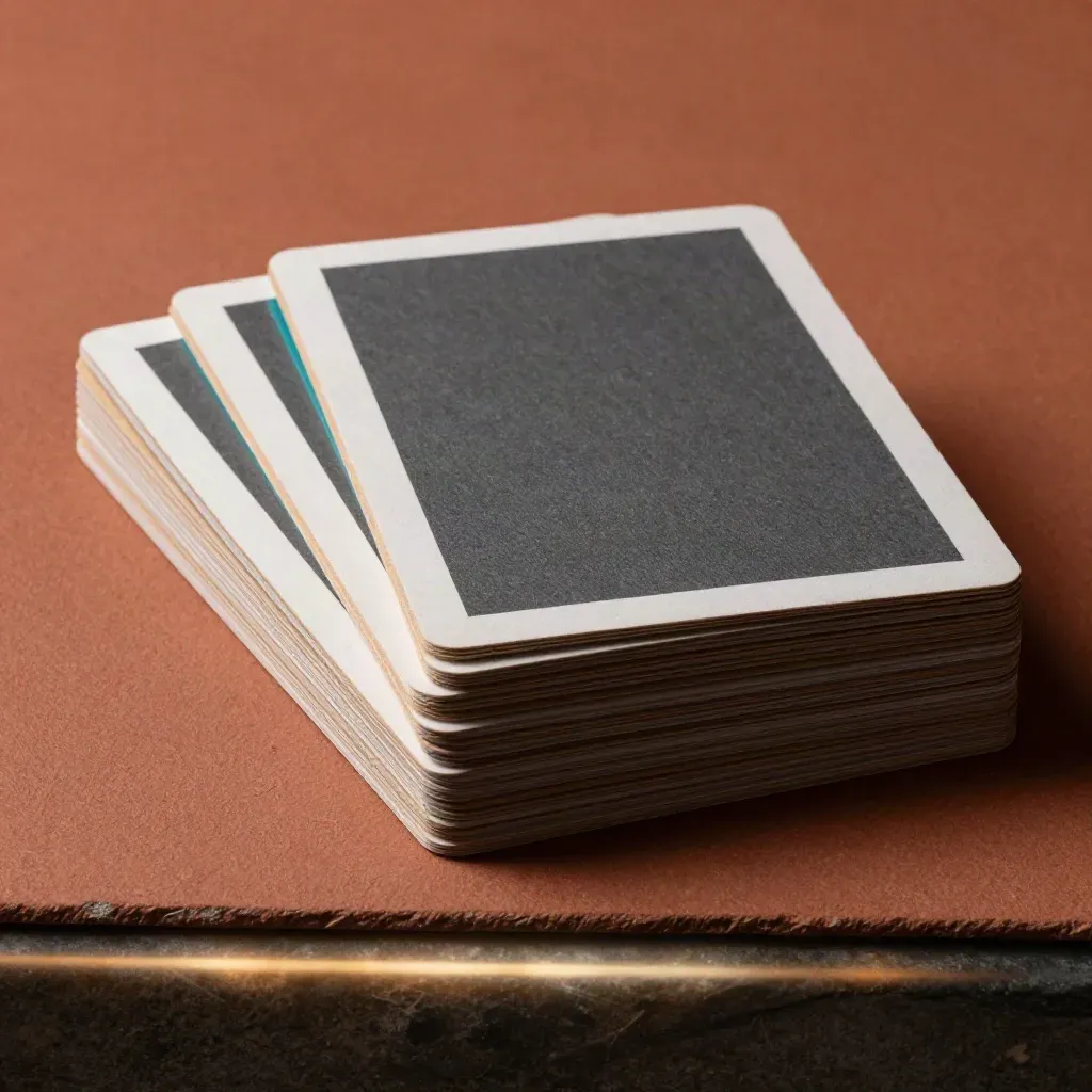 Low dramatic stack of five market-research cards fanned on terracotta clay with teal rim light.
