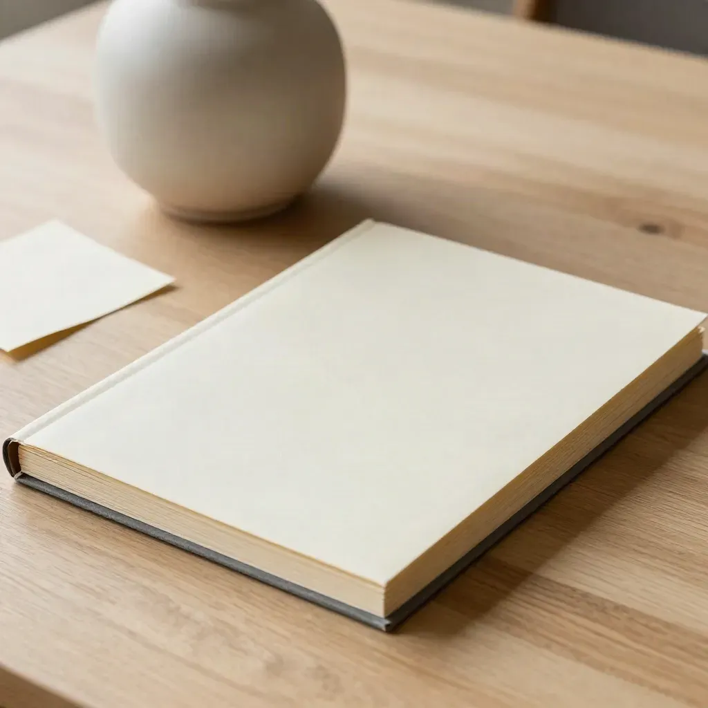 Cream briefing folio and insert stack beside a ceramic vessel on pale oak, softly lit.