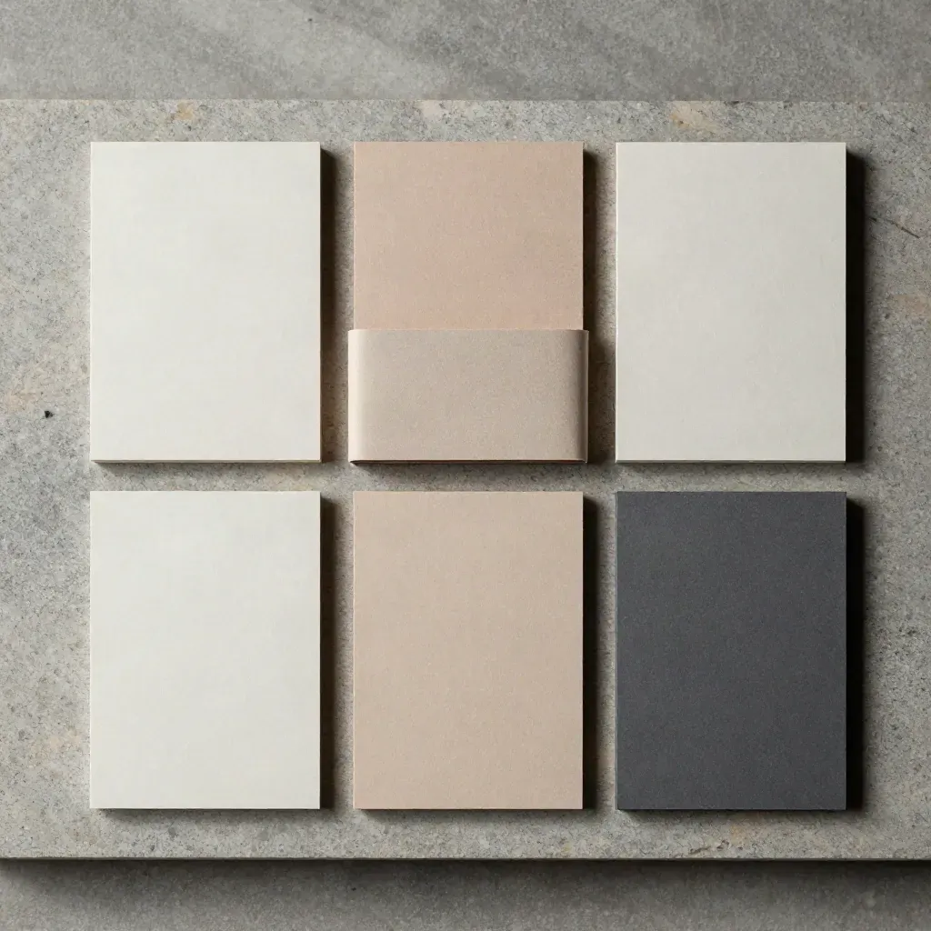Six blank segment cards in a precise flatlay with divider shell and paper band on limestone.