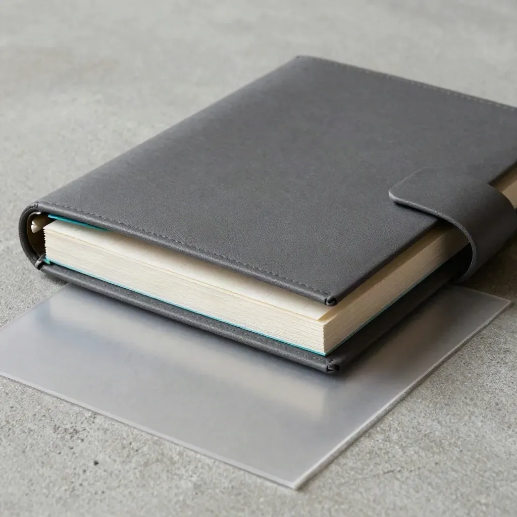 Close-up of a matte folio, translucent overlays, and blank tabs on concrete.