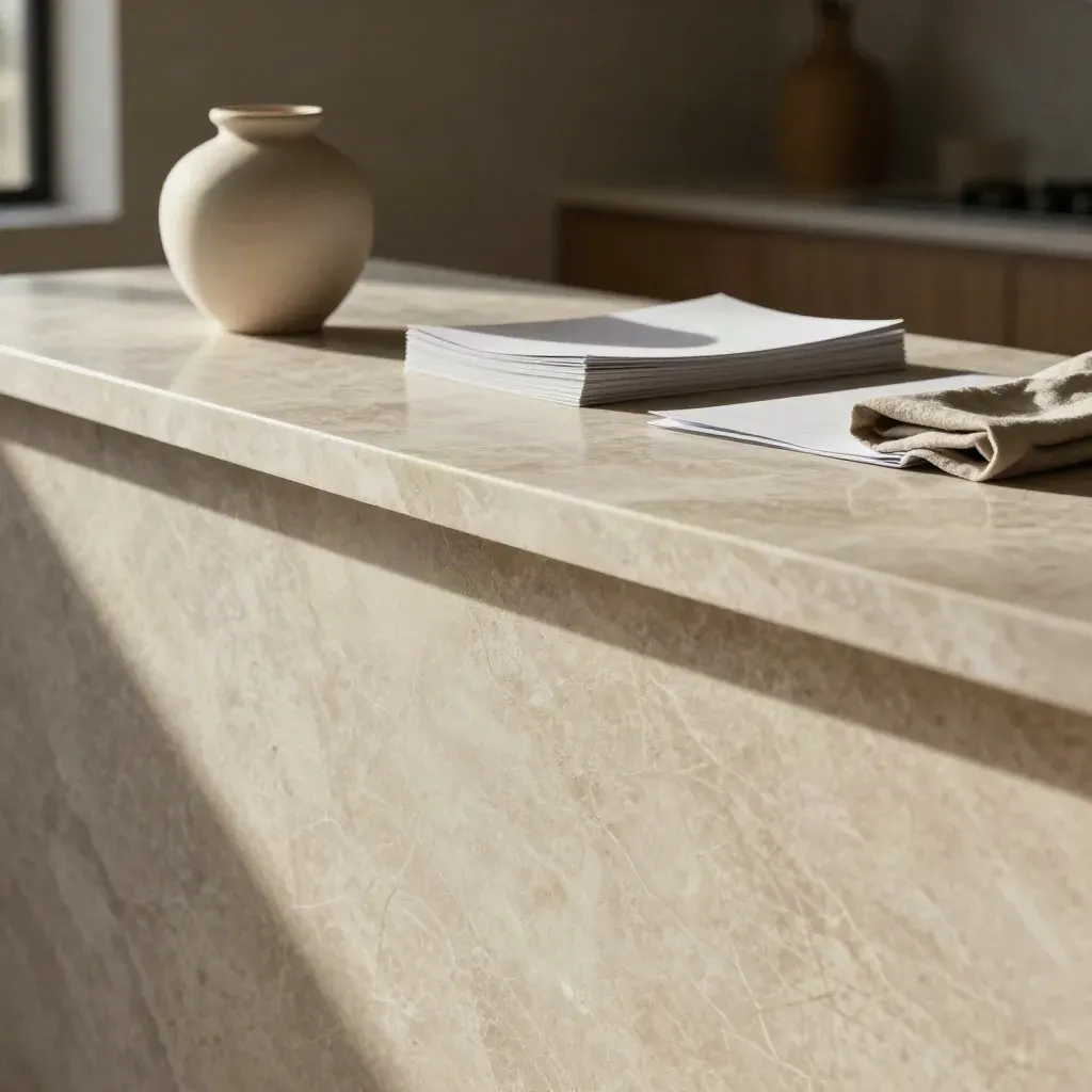Sunlit marble counter with ceramic vessel and paper stack on a calm neutral background.