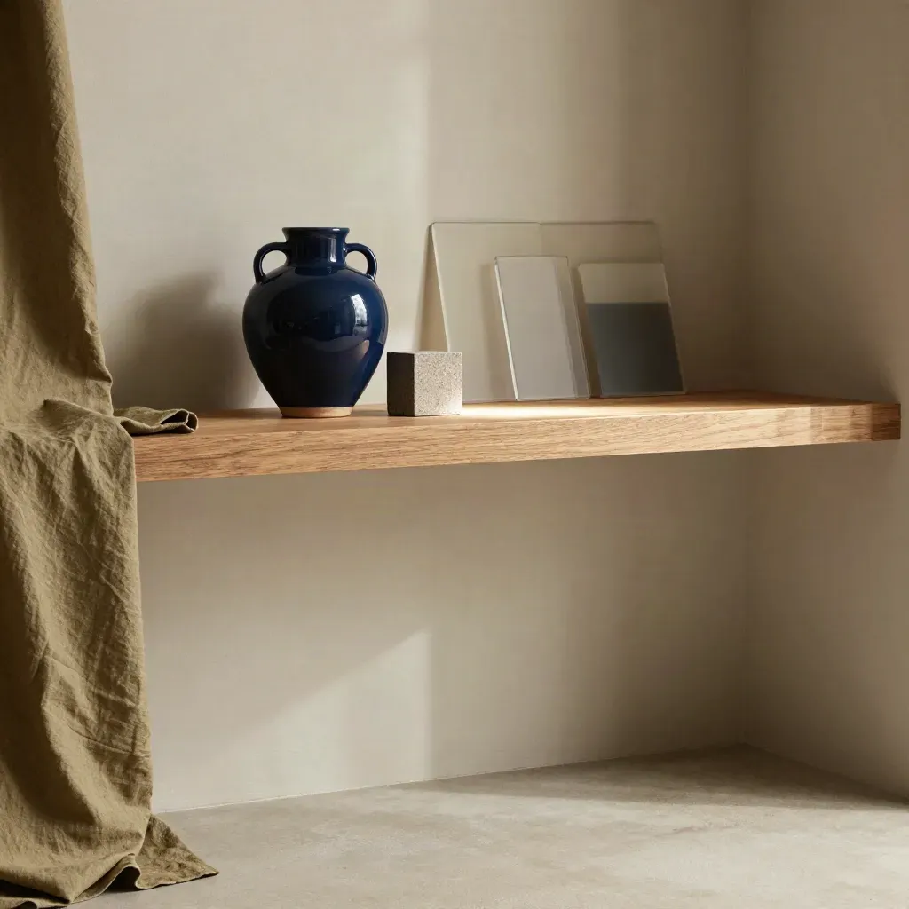 Warm studio corner with oak shelf, navy ceramic vessel, and quiet plaster wall in soft afternoon light.